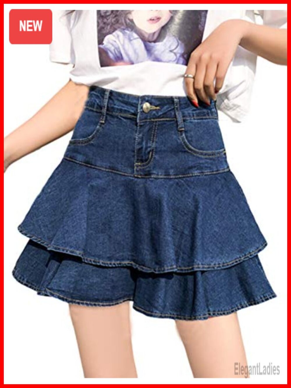 Low Waisted Built-in Shorts Denim Mini Skirt A-Line Ruffle Pleated Skort